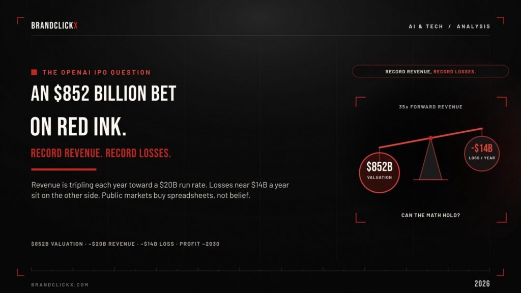 The OpenAI IPO Question The OpenAI IPO Question investment analysis infographic banner tracking the 852 billion dollar valuation vs record losses by BrandClickX