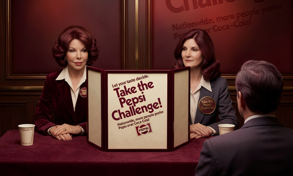 | Coca-Cola vs. Pepsi: 100 Years of Brand War — Who's Winning the Digital Era? Historical simulation of the 1975 retro Pepsi Challenge blind taste test booth campaign setup
