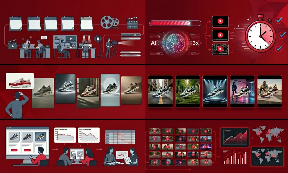 | TikTok AI Creative Studio 2026: Symphony, Dreamina, and What Changed A comparative workplace layout contrasting a stressed manual video editing crew with an efficient single creative strategist using the TikTok AI studio console