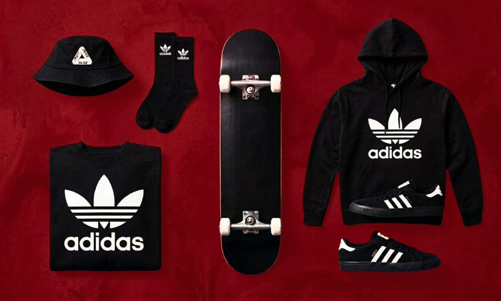 | Nike vs Adidas: Who Won the Digital Marketing Race? Flat lay product design display of an Adidas black hoodie apparel kit skateboard unit and heritage silhouette sneakers