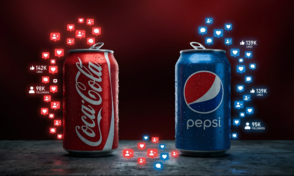 | Coca-Cola vs. Pepsi: 100 Years of Brand War — Who's Winning the Digital Era? Coca-Cola and Pepsi soda cans surrounded by digital social media algorithm metrics and notifications