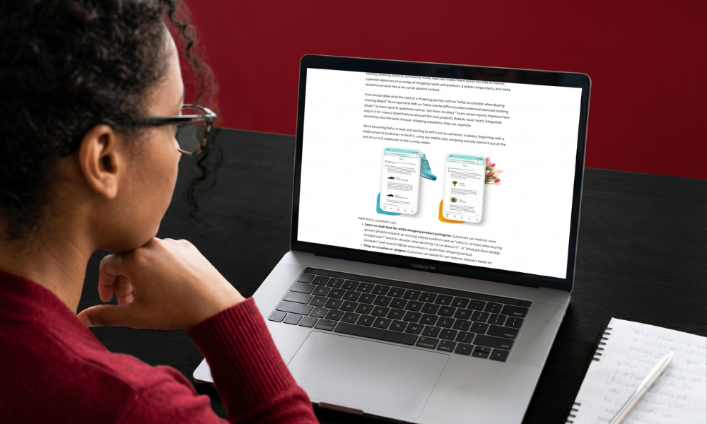| Amazon Rufus AI Shopping 2026: How Brands Win in the Alexa Era A conversational AI search chat interface analyzing running shoe product specifications against a deep red background