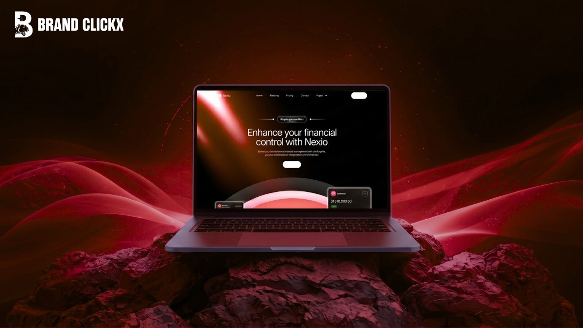 Nexio financial web application mockup displayed on a laptop screen over a red abstract background.