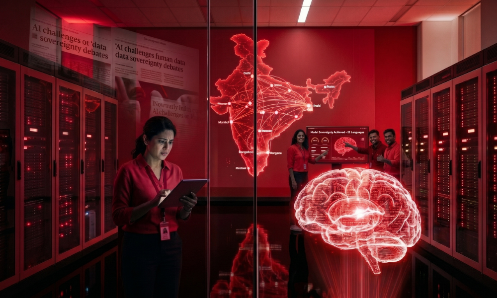 | Sarvam's Unicorn Moment Arrived the Week the World Stopped Sharing Its AI A data center server room showcasing an automated software dashboard displaying an interconnected network map of India and a glowing neural brain graphic