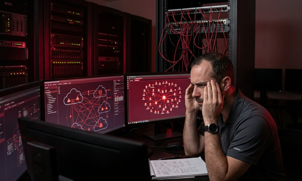 | Cloud Security Tips That Actually Prevent Breaches (and the Ones Wasting Your Time) Cloud network engineer reviewing misconfiguration alerts and data breach system warnings in a data center