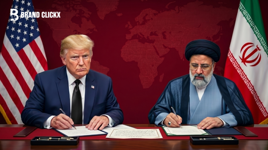 US-Iran Ceasefire The Confirmed Facts on Where It Stands A formal political portrait of Donald Trump and Masoud Pezeshkian signing the June 2026 ceasefire memorandum under the BrandClickX logo