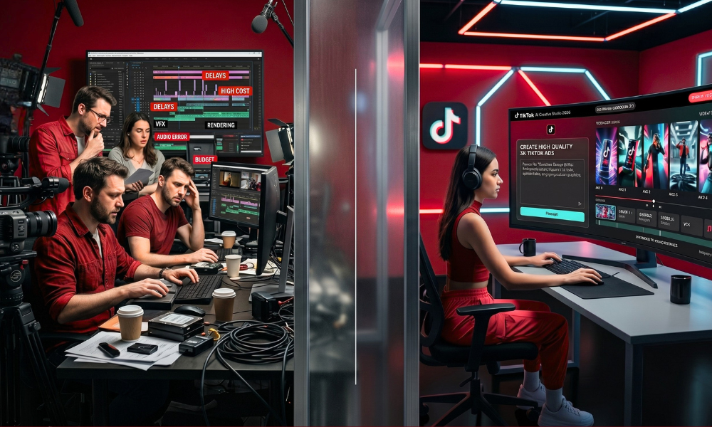 | TikTok AI Creative Studio 2026: Symphony, Dreamina, and What Changed A multi-panel production infographic tracking AI automated video generation workflows and creative performance trends data