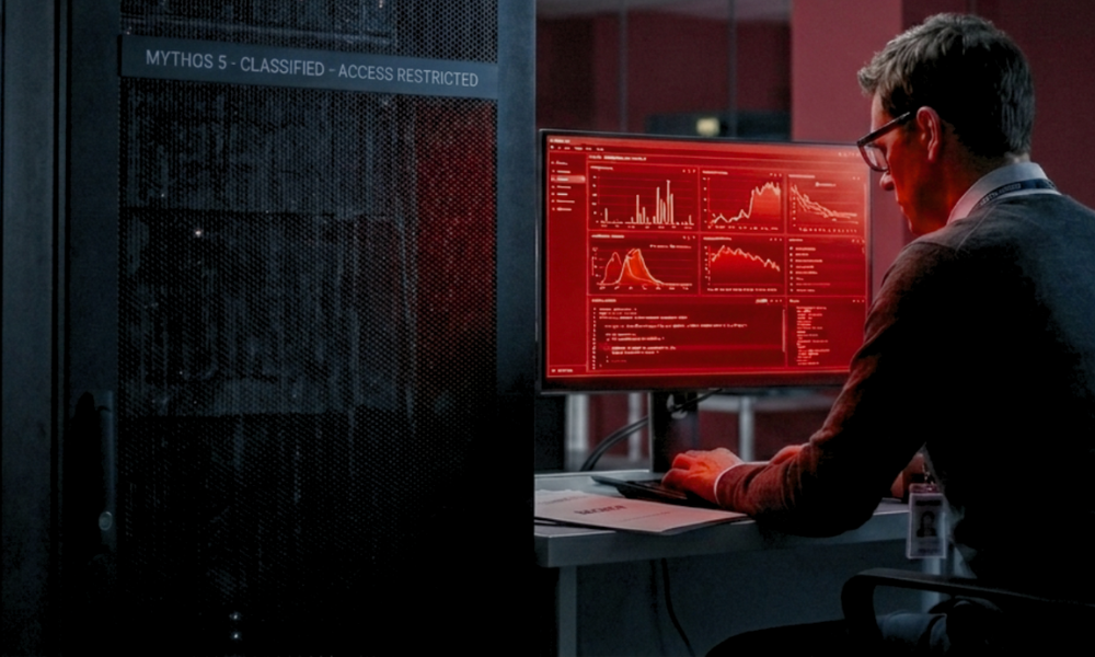 | Anthropic's Claude Fable 5 and Mythos 5 Shut Down by U.S. Government: How AI Safety Warnings Backfired (2026) A cybersecurity analyst evaluating software vulnerability data on a restricted server hosting the Claude Mythos model