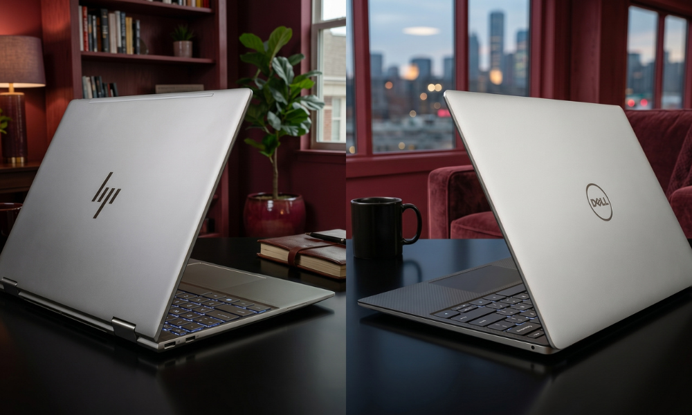 | Dell vs HP Laptops: Which One Gives the Best Value for Work & Study in 2026? A user evaluating a Dell laptop and an HP laptop side by side on an office desk layout