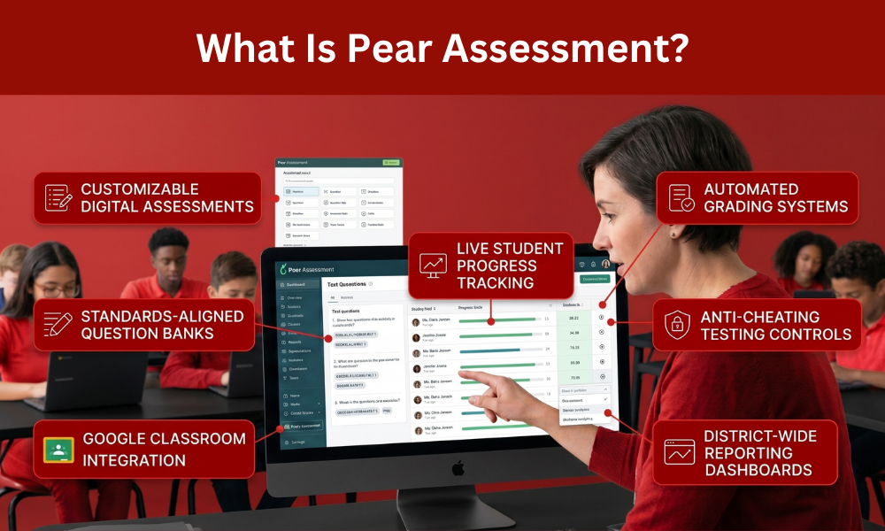| How Pear Assessment Is Transforming Digital Education Testing A multi-callout software feature chart diagram detailing Pear Assessment features including automated grading and live progress metrics