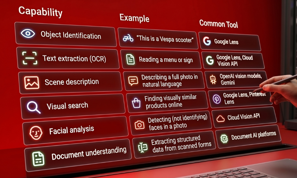 | AI Image Recognition Explained: How Machines Actually "See" A digital dashboard display scorecard outlining core computer vision use cases from object identification to document understanding