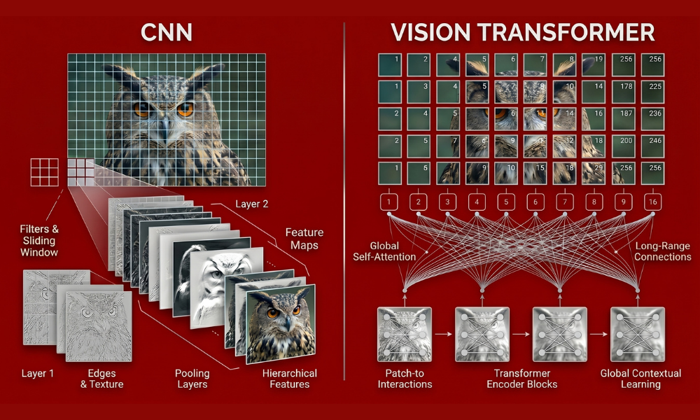 | AI Image Recognition Explained: How Machines Actually "See" A technical comparison infographic contrasting a Convolutional Neural Network pipeline with a patch sequence based Vision Transformer model architecture