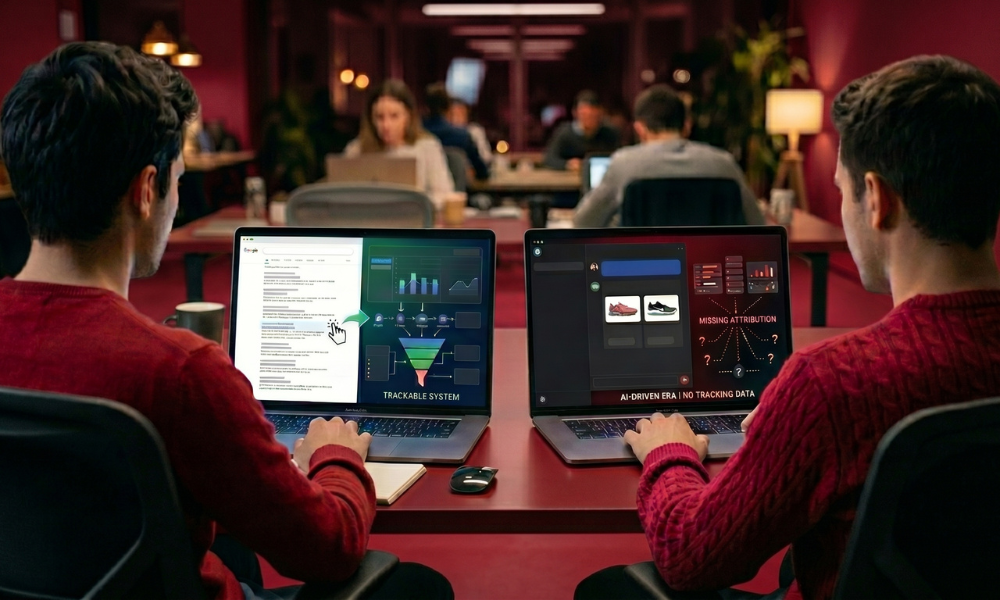 | The Attribution Crisis Won't Kill Agencies. It Will Save Them A side by side laptop display comparison contrasting a traditional trackable system analytics dashboard with an untracked AI driven era interface