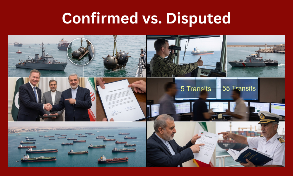| US-Iran Ceasefire: The Confirmed Facts on Where It Stands A comprehensive six panel dashboard infographic contrasting confirmed maritime facts with disputed transit numbers and toll invoice claims