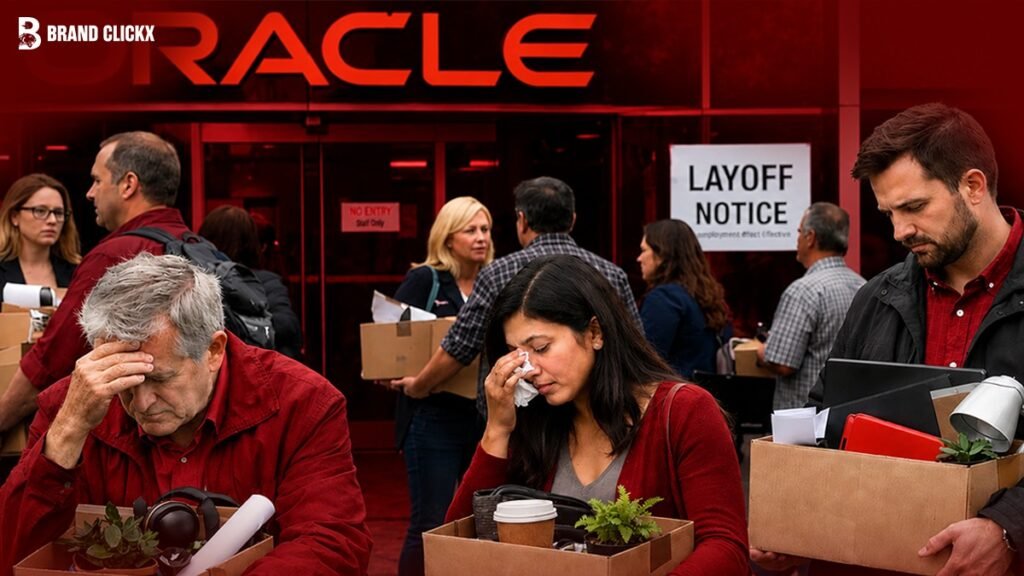 Artboard 7 Laid-off employees holding boxes of personal belongings outside an Oracle facility entrance gate displaying a mass layoff notice sign by BrandClickX