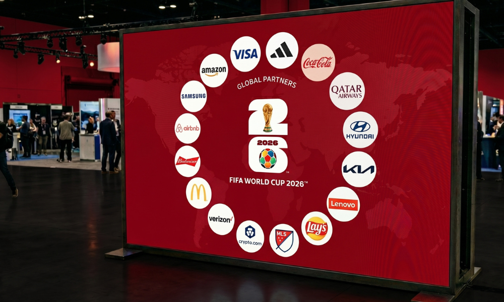 | FIFA World Cup 2026 Marketing: How Brands Are Winning the Summer of Soccer A digital display board showcasing the official FIFA World Cup 2026 logo surrounded by global sponsor partner brand marks