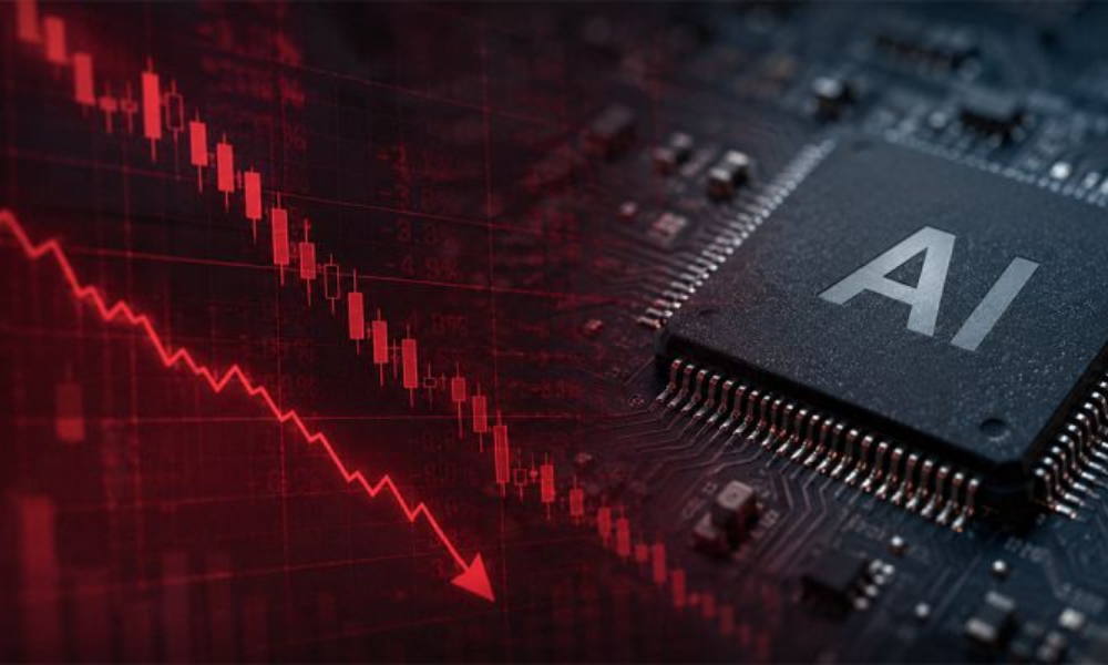 | AI Chips News Today: The Sell-Off, Micron's Blowout, and AMD's Slide An AI microchip processor on a motherboard next to a sharp red downward trending stock market arrow tracking a major sell-off