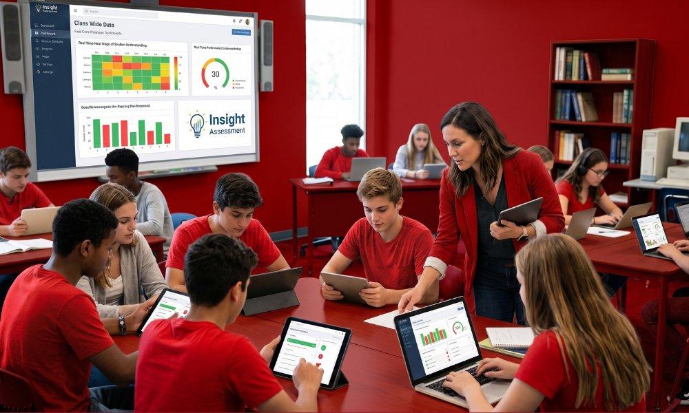 | How Pear Assessment Is Transforming Digital Education Testing A group of students examining real-time progress metrics sheets on laptops underneath a class-wide data overview display board