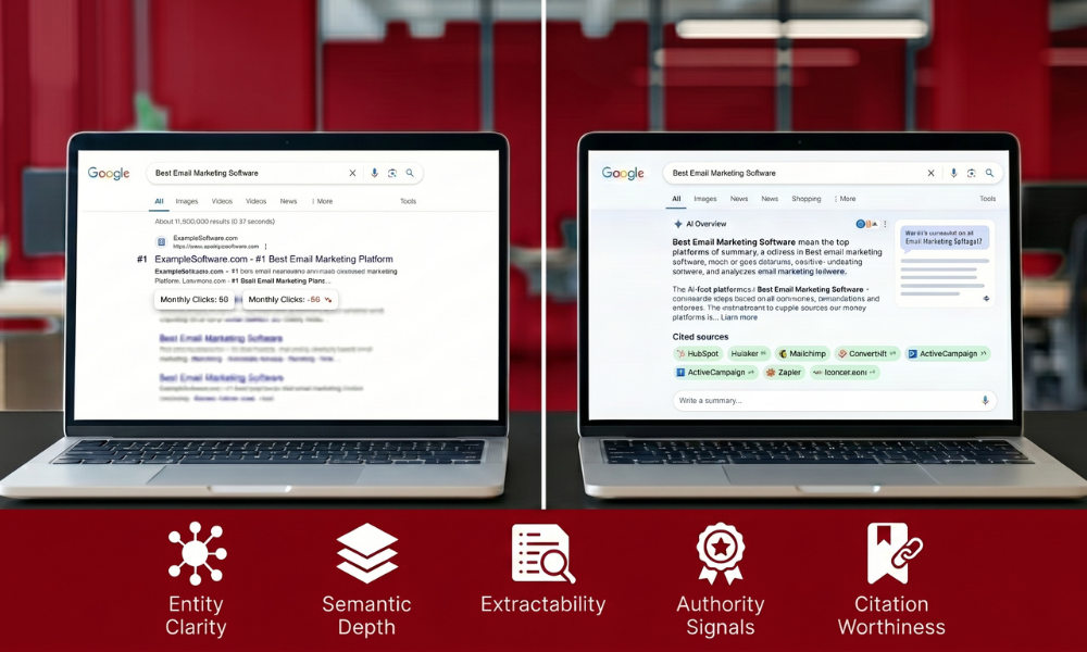 | GEO vs SEO 2026: The Shift From Ranking to Being Cited A dual monitor screen evaluation comparing a traditional number one organic Google ranking layout with an AI Overview summary box citing multiple source targets