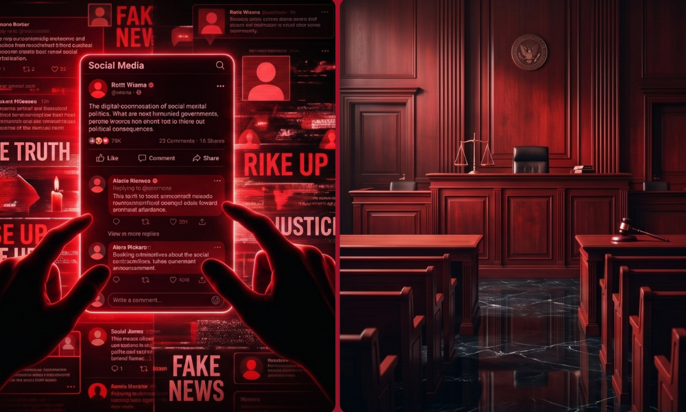 | Tyler Robinson Case: How Political Violence Is Changing America A courtroom trial scene tracking the Robinson Murder Trial below an official United States Court wall seal and an American flag