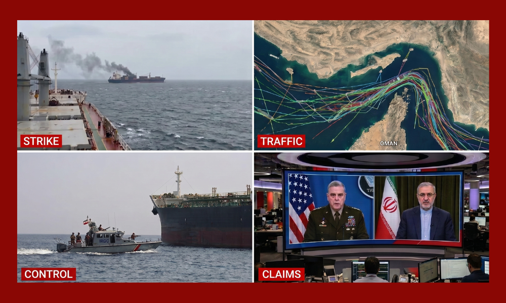 | US-Iran Ceasefire: The Confirmed Facts on Where It Stands A four panel tactical infographic mapping a missile strike, color coded Omani coastal shipping paths, a patrol craft interception, and a military briefing console