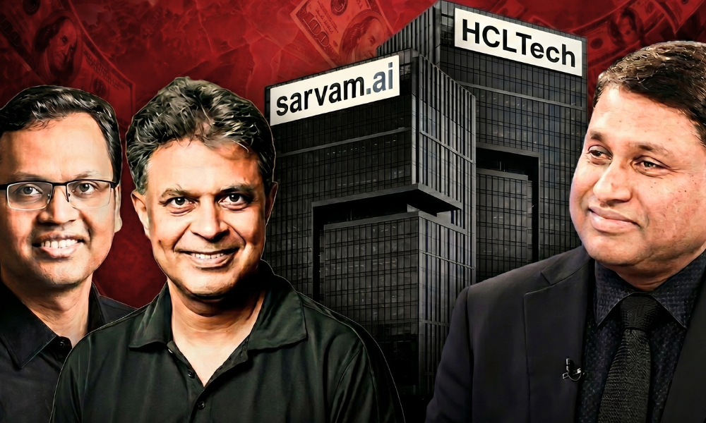 | Sarvam's Unicorn Moment Arrived the Week the World Stopped Sharing Its AI An executive technology partnership composite graphic displaying tech company co founders alongside an HCLTech corporate skyscraper tower