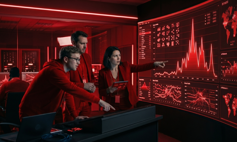 | The Attribution Crisis Won't Kill Agencies. It Will Save Them Data analysts in a dark control center reviewing a massive red line graph tracking direct traffic surges and attribution anomalies