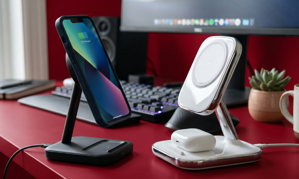 | Anker vs Belkin — The Best Accessories Brand You're Probably Ignoring Two modern smartphone workspace stands comparing a black multi-angle folding magnetic wireless charger Anker design with a white Belkin three-in-one charging station