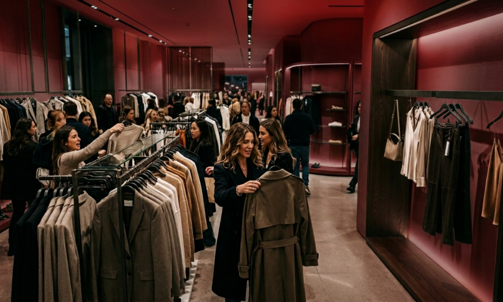 | Zara vs. H&M: Fast Fashion's Digital Marketing Duel, Who Owns the Feed in 2026? Inside a premium minimalist Zara clothing retail storefront showing customer in-store shopping experience