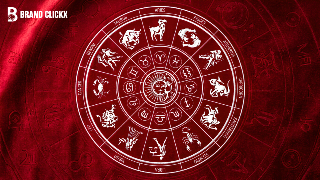 Zodiac Signs A detailed astrological natal chart wheel displaying the twelve zodiac signs constellations symbols on a crimson velvet background by BrandClickX