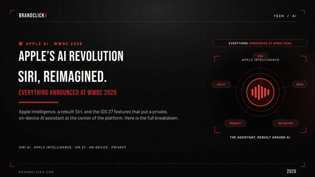 apple-ai-wwdc-2026-feature.jpg Apple AI Revolution and Siri Reimagined WWDC 2026 corporate infographic banner by BrandClickX