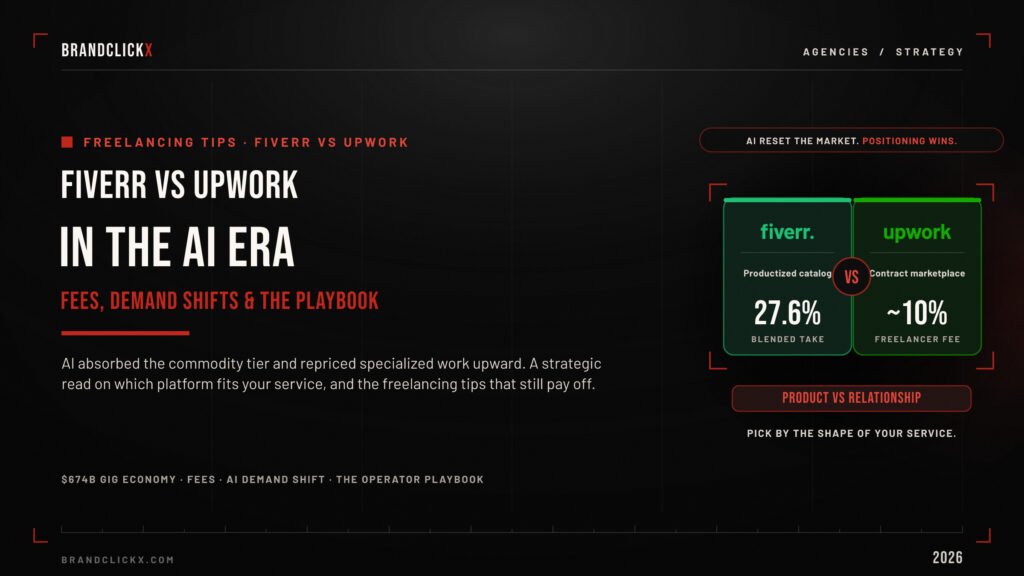 freelancing-fiverr-vs-upwork-feature.jpg Fiverr vs Upwork in the AI era platform strategy guide feature infographic by BrandClickX