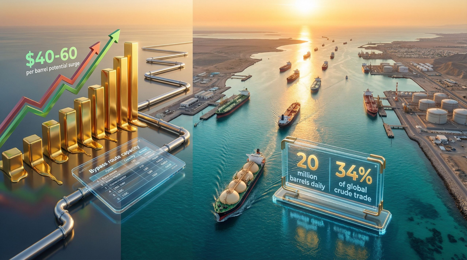 | Oil Prices Return to Pre-War Levels as Hormuz Reopens A split layout data visualization pairing a golden financial commodity chart with a drone view of cargo tankers passing through an ocean canal displaying global crude trade analytics