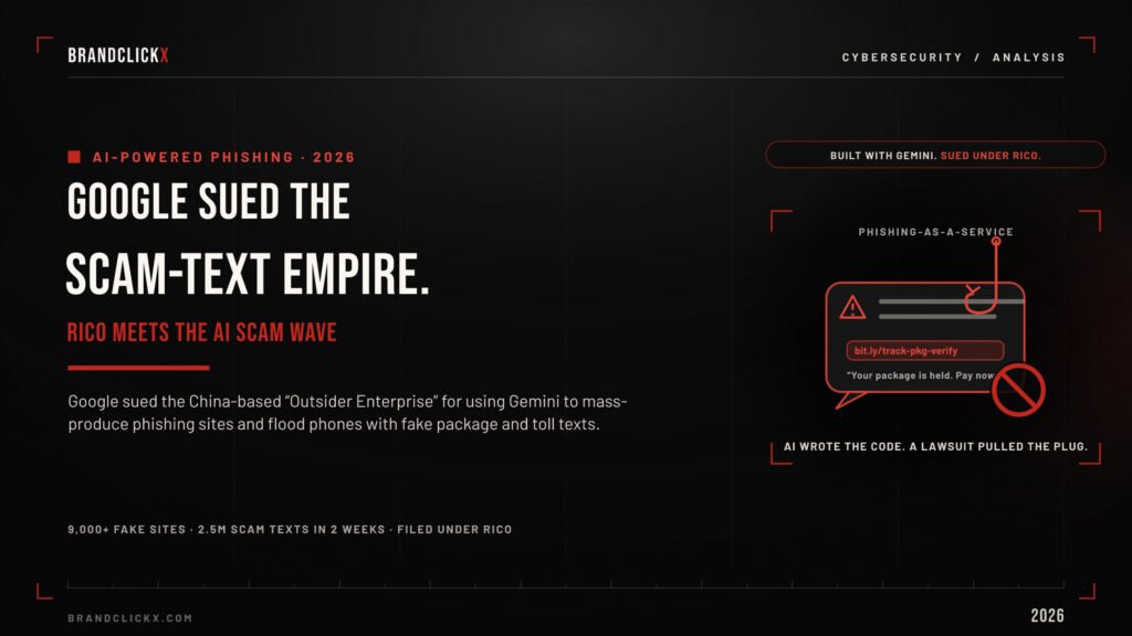 google-cybercrime-lawsuit-2026-feature.jpg Google lawsuit against China-based cybercrime group Outsider Enterprise for Gemini AI phishing text scams