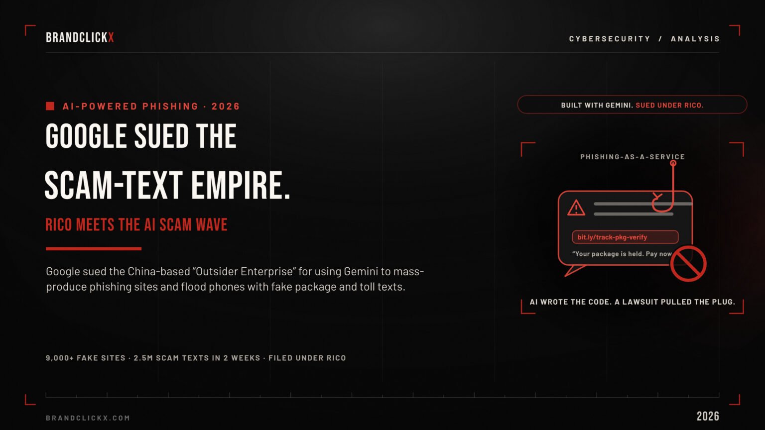 google-cybercrime-lawsuit-2026-feature.jpg Google lawsuit against China-based cybercrime group Outsider Enterprise for Gemini AI phishing text scams