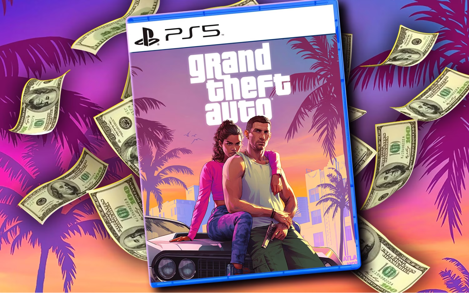 | GTA 6 May Become the Biggest Launch Ever An official Grand Theft Auto VI pre-order promotional banner displaying a muscle car at sunset against the Vice City skyline