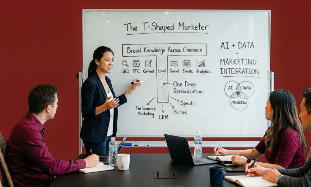 | The Digital Marketing Skills That Actually Compound in 2026 A marketing instructor presenting the T shaped marketer framework on a whiteboard during a team meeting