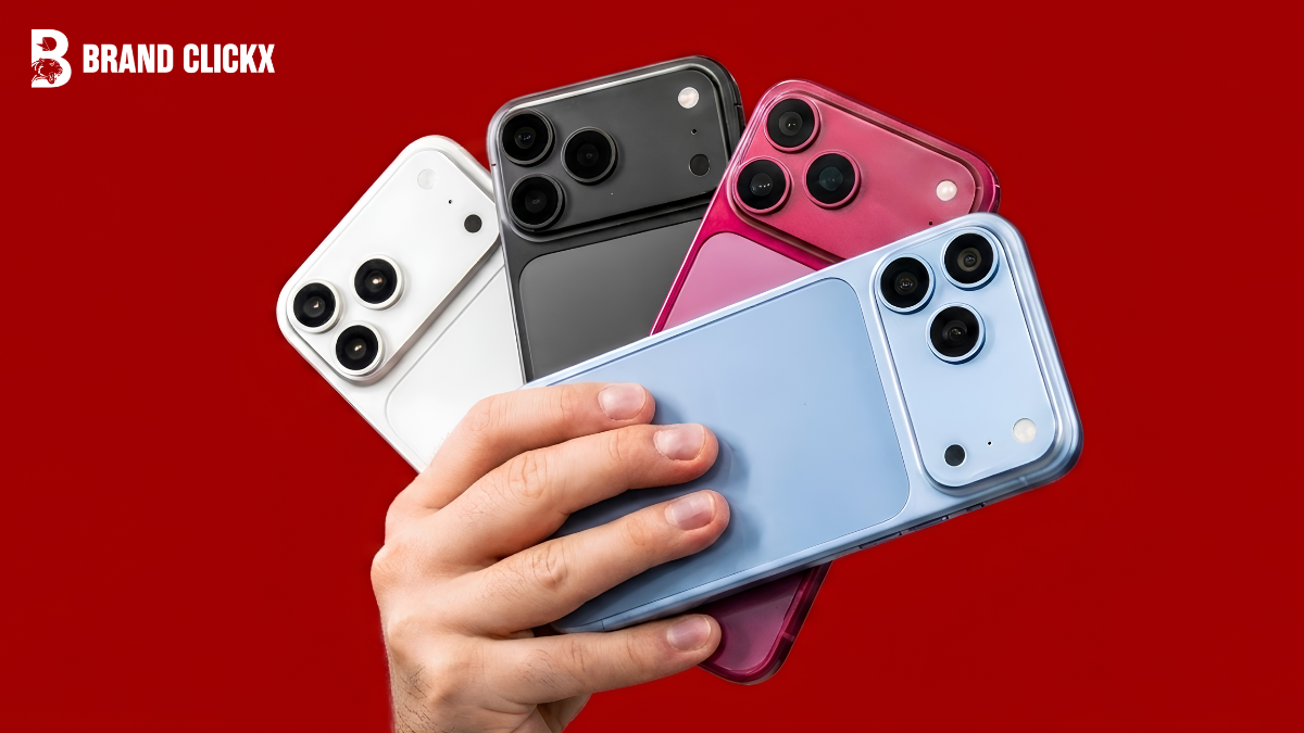 iPhone 18 Leaks Reveal AppleΓÇÖs Biggest AI Upgrade Yet Hand holding four colorful smartphone design concepts against a red background