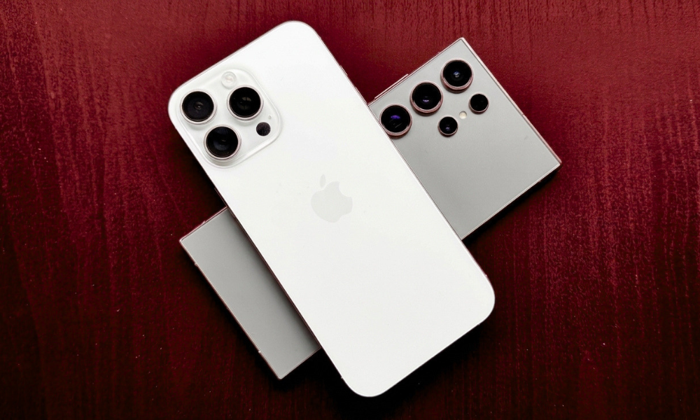 | Apple vs. Samsung, Which Ecosystem Is Worth Your Money in 2026? Top view comparison of Apple iPhone 17 Pro Max and Samsung Galaxy S26 Ultra smartphone design aesthetics