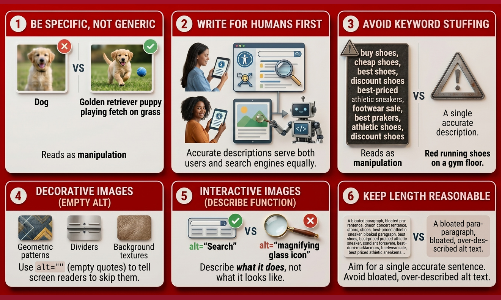 | The Image SEO Optimization Guide: Every Lever That Actually Works An explicit image SEO infographic chart mapping the six rule frameworks for writing descriptive, highly accessible alt text attributes