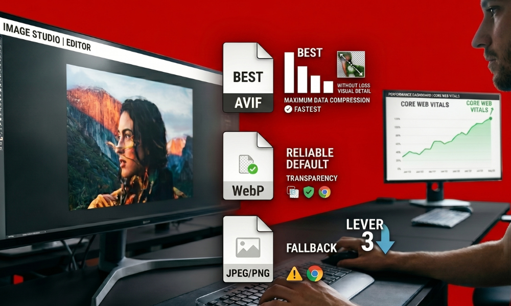 | The Image SEO Optimization Guide: Every Lever That Actually Works An image studio editor workstation panel showing a compression format comparison between AVIF, WebP, and legacy JPEG files