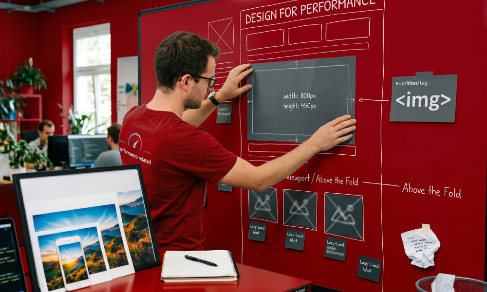 | The Image SEO Optimization Guide: Every Lever That Actually Works A technical designer mapping layout dimensions for width and height constraints to prevent cumulative layout shift on web pages