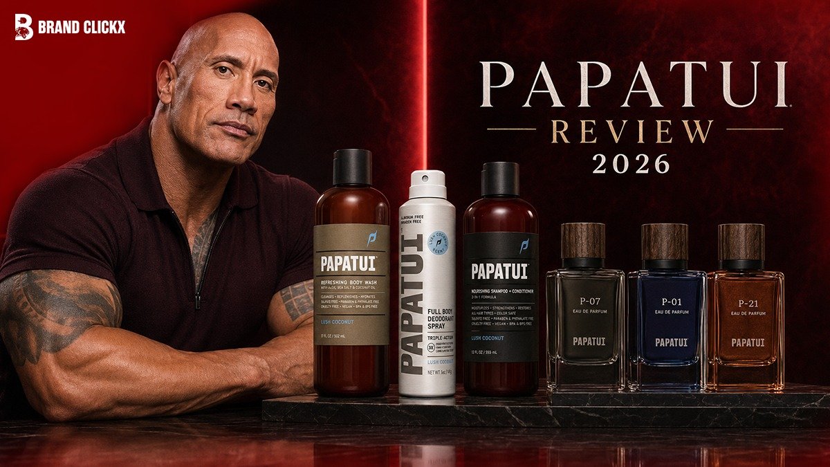 papatui-dwayne-the-rock-johnson-grooming-review A promotional grooming banner featuring Dwayne The Rock Johnson posing next to Papatui body wash, full body deodorant spray, shampoo, and luxury colognes