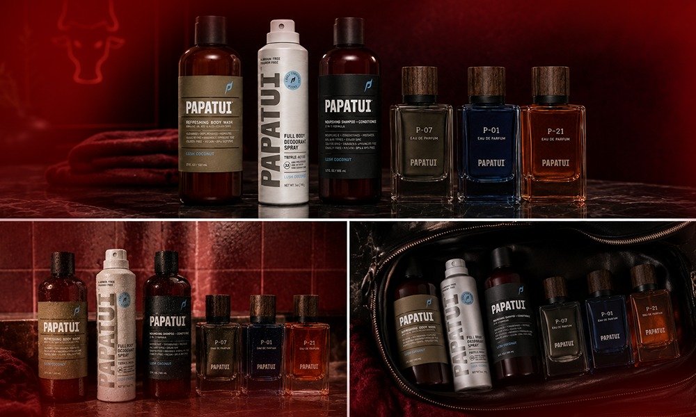 | Papatui Review: Testing Dwayne "The Rock" Johnson's Men's Care Brand A multi-panel product presentation showcasing Papatui grooming line-up arrangements including a leather travel toiletry bag setup