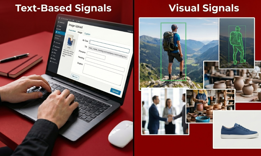 | How Search Engines Understand Images (And Why Most Sites Get It Wrong) A split layout contrasting a written text based CMS image upload console panel with a computer vision object recognition tracking layer