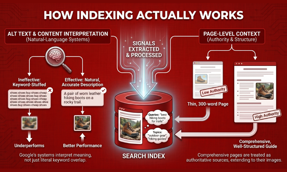 | How Search Engines Understand Images (And Why Most Sites Get It Wrong) A comprehensive database schema layout diagram tracing how alt text content interpretation and page level authority index images into a search server
