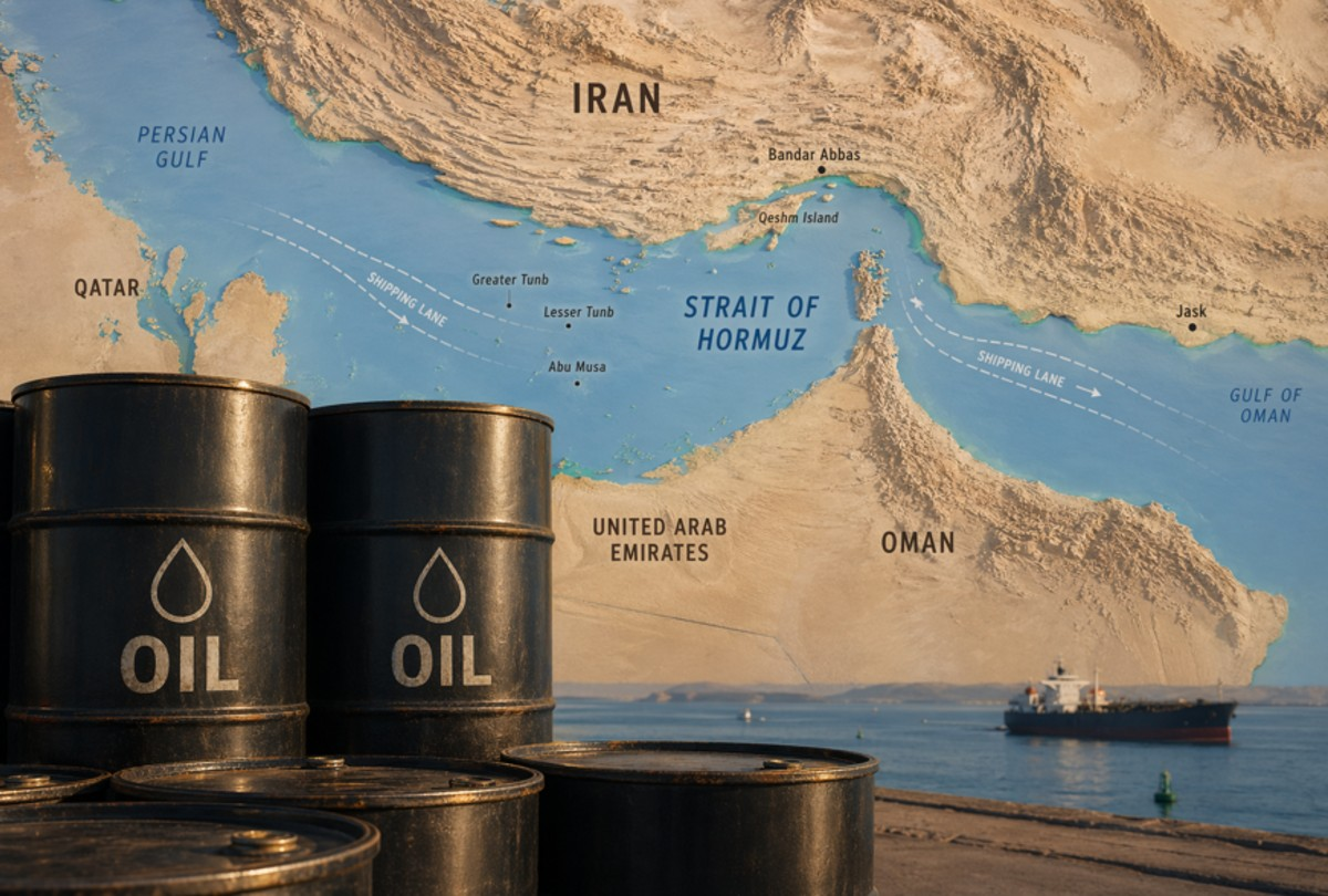 | Oil Prices Return to Pre-War Levels as Hormuz Reopens Black oil barrels labeled with an oil drop icon standing in front of a large 3D geographical map detailing the Strait of Hormuz shipping lanes