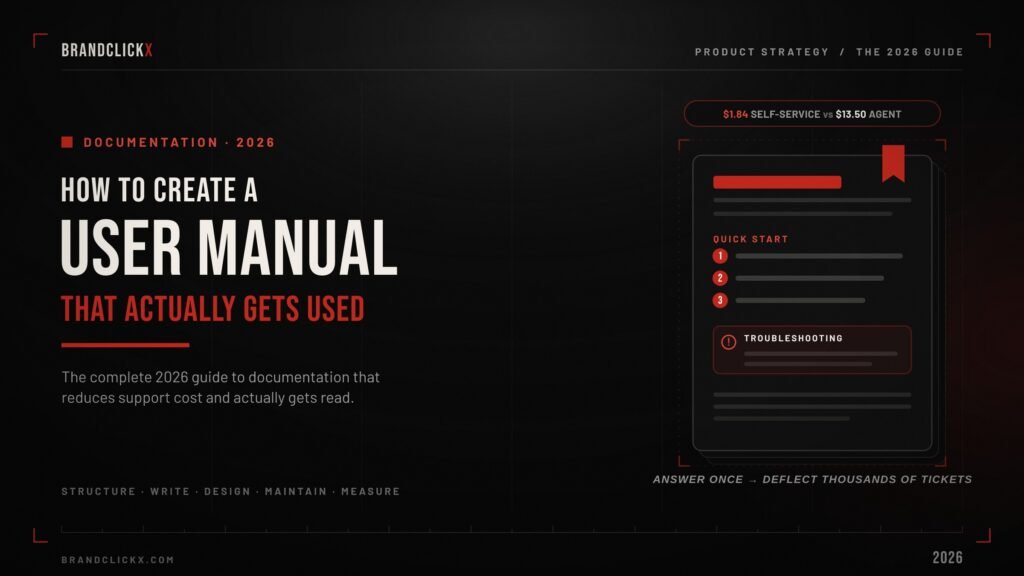 user-manual-feature.jpg How to Create a User Manual That Actually Gets Used cover banner by BrandClickX for product strategy and ticket deflection.