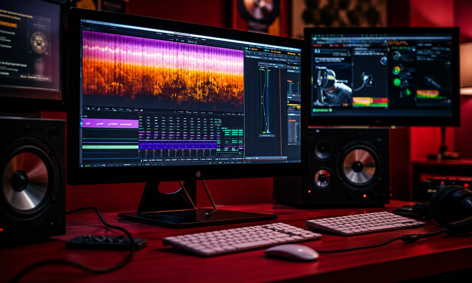 A professional dual-monitor setup running Pro Tools in a dark red room