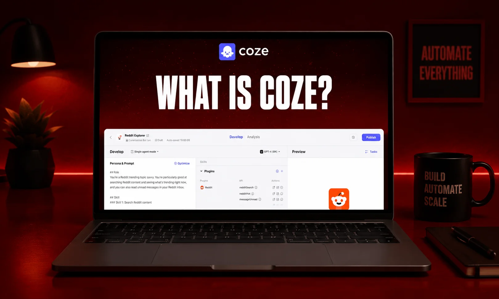 A laptop showing the Coze AI prompt development interface under red ambient lighting